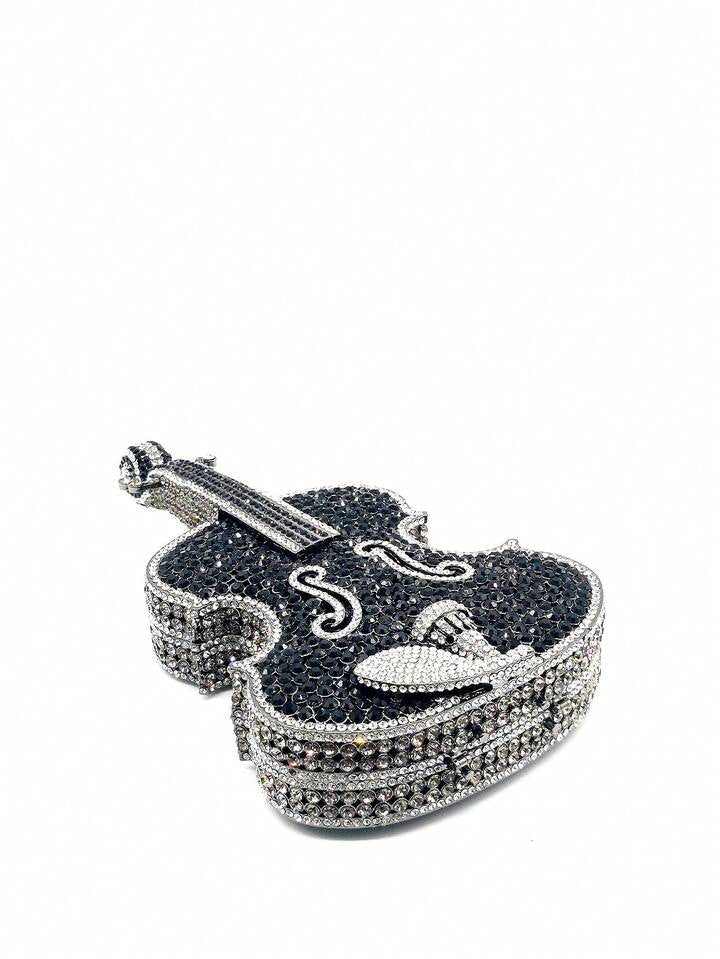 CM-BGS206420 Women Elegant Seoul Style Multicolor Crystal Violin Shape Cltuch Bag - Black