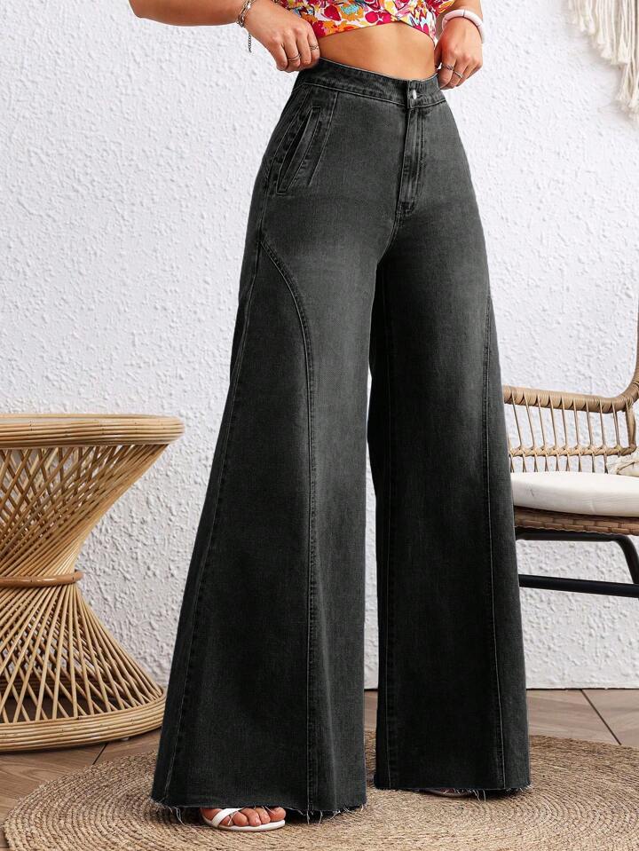 CM-BS529624 Women Casual Seoul Style Loose Button Zipper Mom Fit Wide Leg Denim Pants - Black