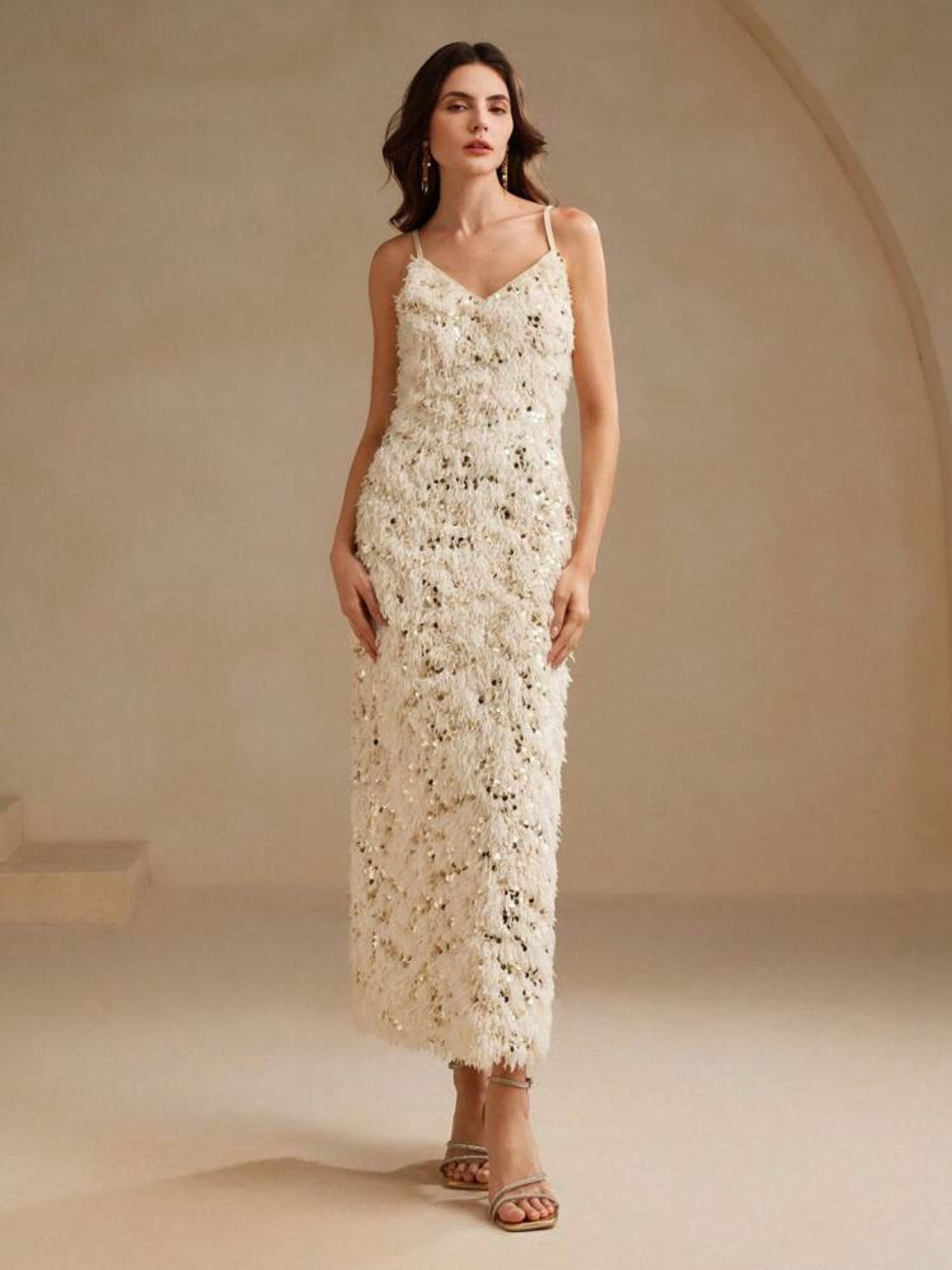 CM-DS722963 Women Elegant Seoul Style Fitted Sequin Embellished Feather Decor Slip Dress - Apricot