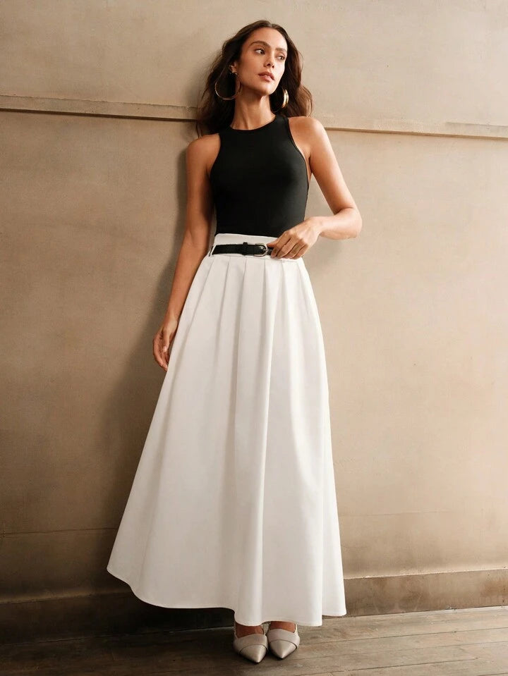 CM-BS004421 Women Elegant Seoul Style High Waist Pleated A-Line Skirt With Belt - White