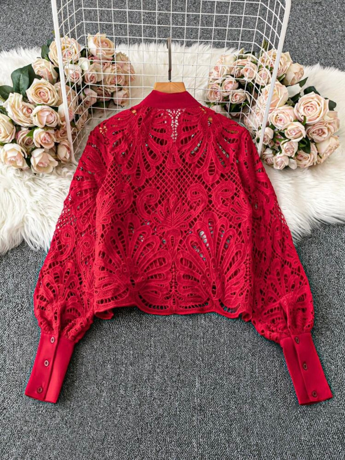 CM-TS420704 Women Elegant Seoul Style Lace Trim Bow Collar Embroidery Long Sleeve Blouse - Red