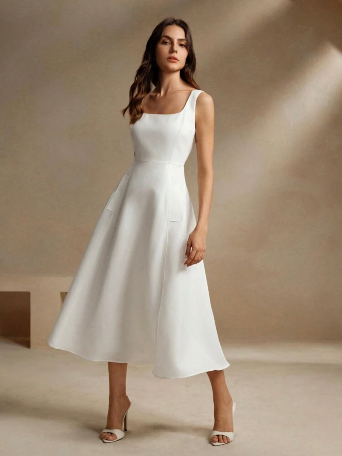 CM-DS341609 Women Elegant Seoul Style Square Neck Strap A-Line Cinched Waist Flattering Dress - White