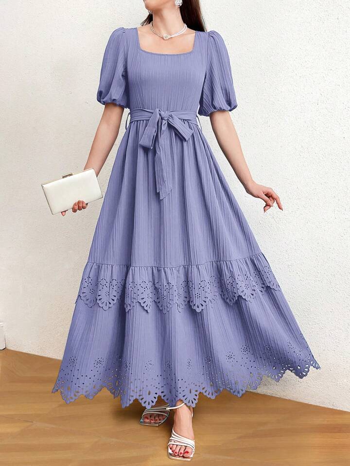 CM-DS324942 Women Casual Seoul Style Square Neck Puff Sleeve A-Line Dress - Mauve Purple