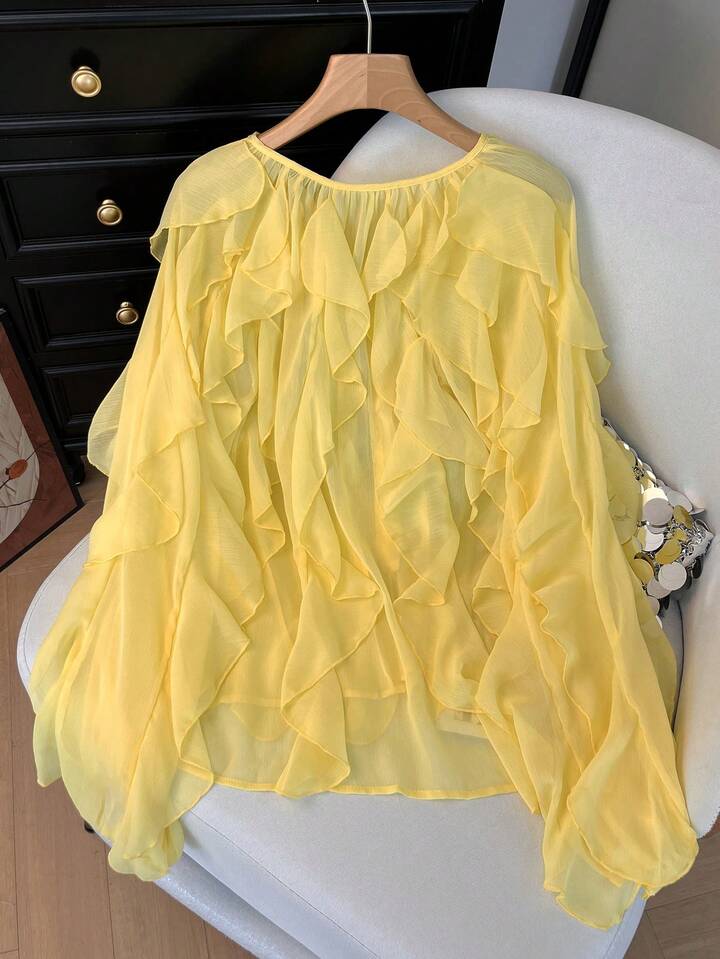 CM-TS956395 Women Casual Seoul Style V-Neck Solid Color Layered Ruffle Trim Long Sleeve Blouse - Yellow