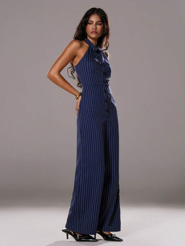 CM-JS133398 Women Elegant Seoul Style Halter Striped Sleeveless Shirt Collar Jumpsuit - Navy Blue