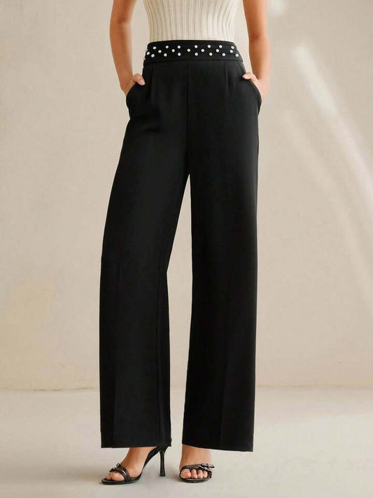 CM-BS108181 Women Elegant Seoul Style Beaded Mid Waist Wide Leg Pants - Black