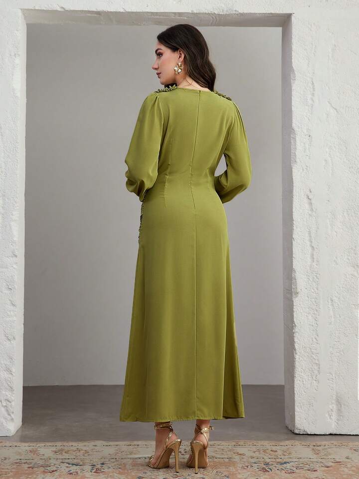 CM-DS969151 Women Elegant Seoul Style V-Neck Bishop Sleeve Cinched Waist A-Line Maxi Dress - Green