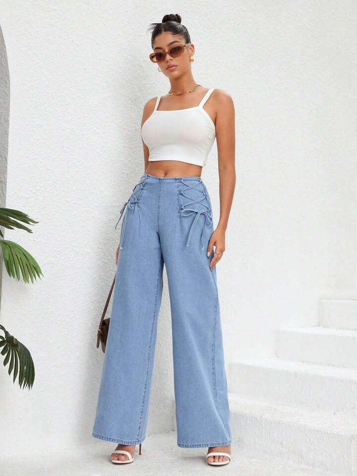 CM-BS222712 Women Casual Seoul Style Light Wash Lace Up Front Loose Wide Leg Jeans