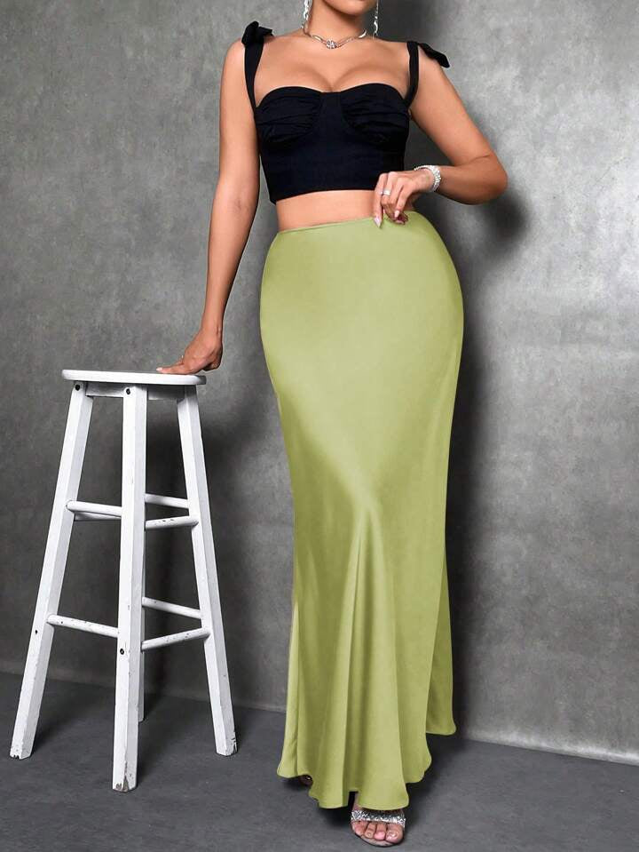 CM-BS829298 Women Casual Seoul Style Solid Asymmetrical Mermaid Hem Skirt - Olive Green