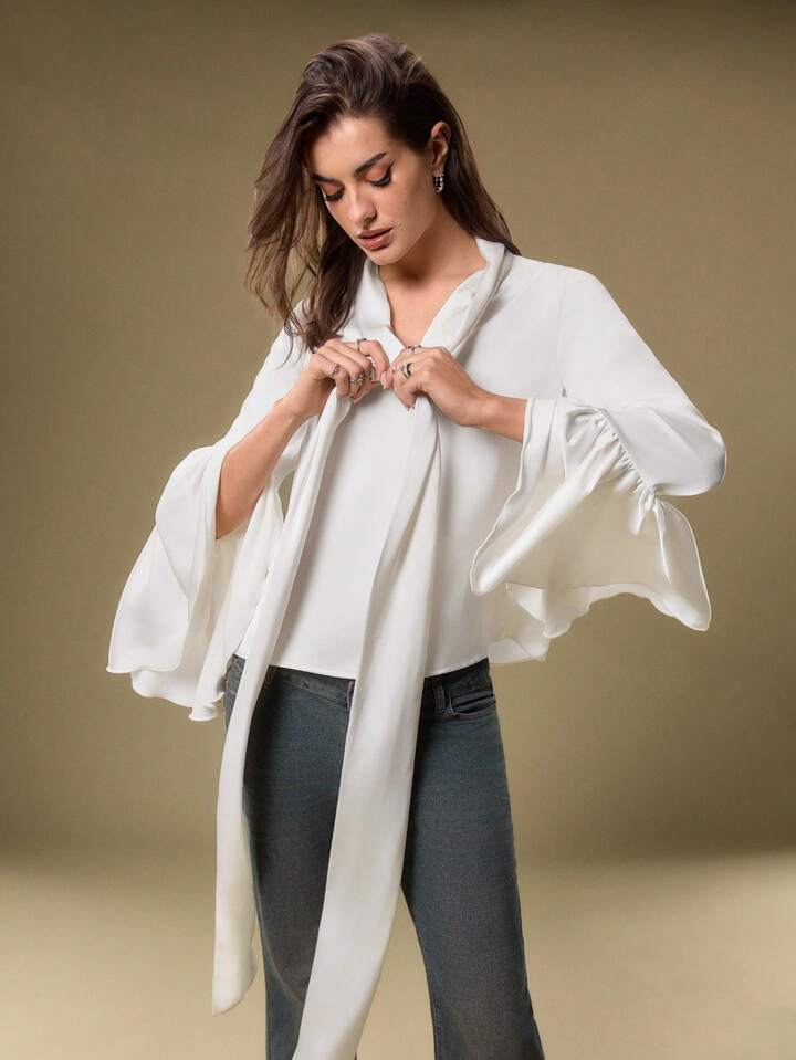 CM-TS353518 Women Elegant Seoul Style Solid Color Collar Neckline Bell Sleeve Blouse - White