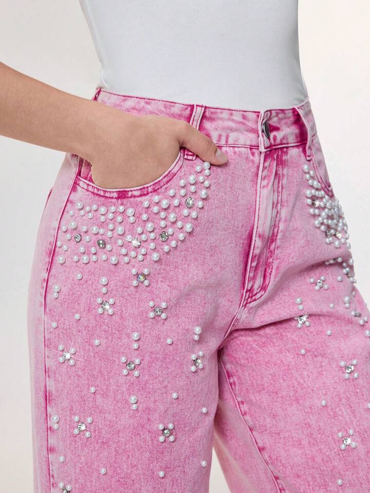 CM-BS416742 Women Casual Seoul Style Pearl Decor Pocket Wide Leg Loose Fit Jeans - Pink