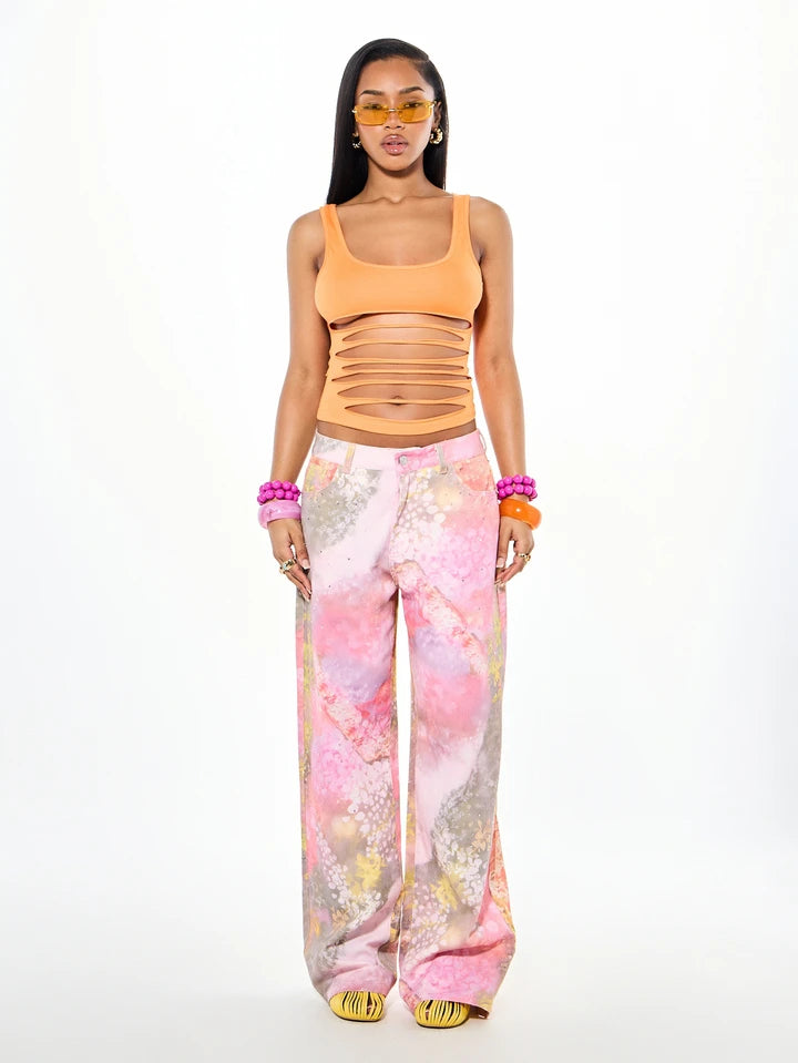 CM-BS700276 Women Casual Seoul Style Low Rise Watercolor Floral All-Over Print Denim Wide Leg Jeans - Pink
