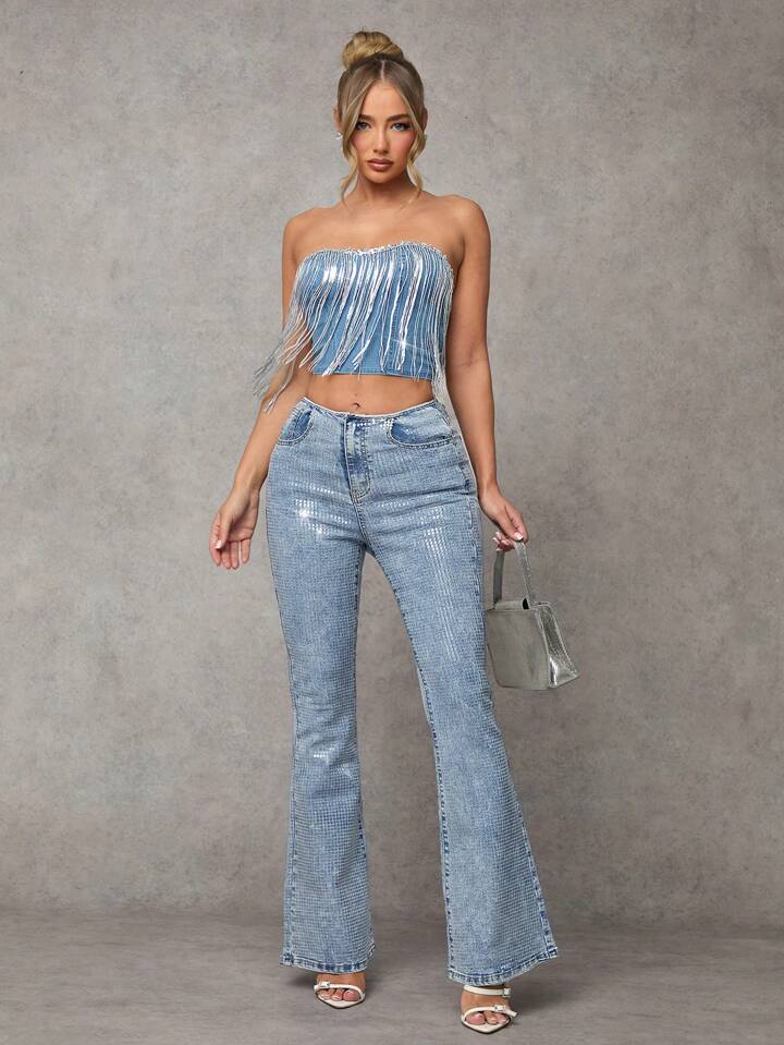 CM-BS633000 Women Casual Seoul Style Medium Wash Skinny Stretchy Flared Denim Jeans