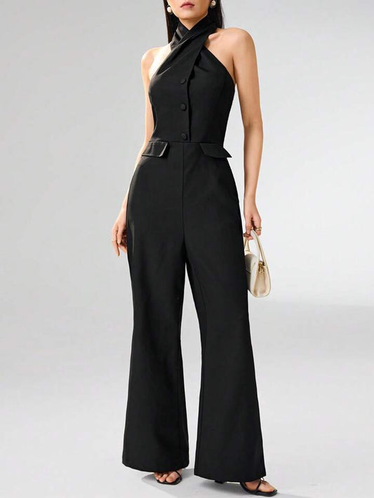 CM-JS235925 Women Elegant Seoul Style Halter Neck Sleeveless Button Details Jumpsuit - Black