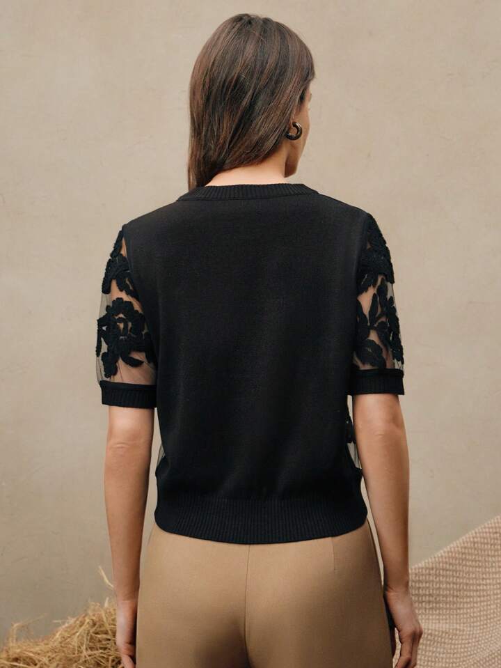 CM-TS445532 Women Casual Seoul Style Floral Mesh Round Neck Short Sleeve Knit Top - Black