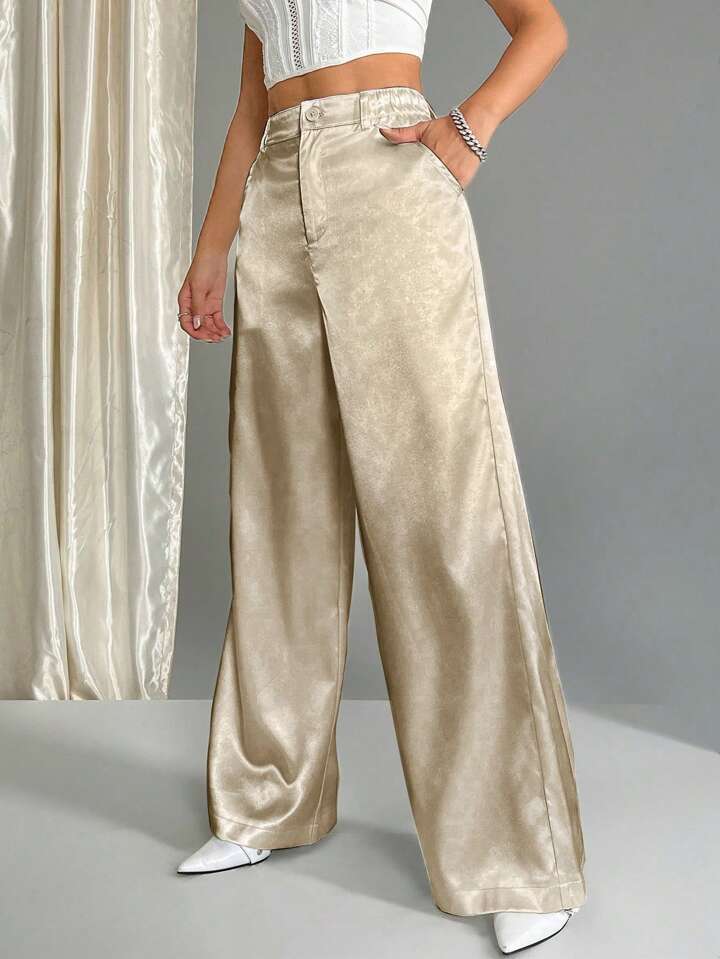 CM-BS393169 Women Casual Seoul Style Satin Elastic Waist Wide Leg Palazzo Pants - Apricot