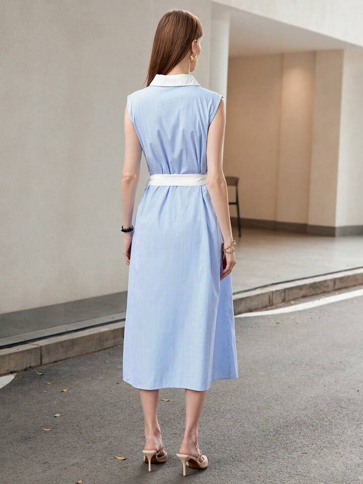 CM-DS018307 Women Casual Seoul Style Solid Color Shirt Collar Striped Sleeveless Dress