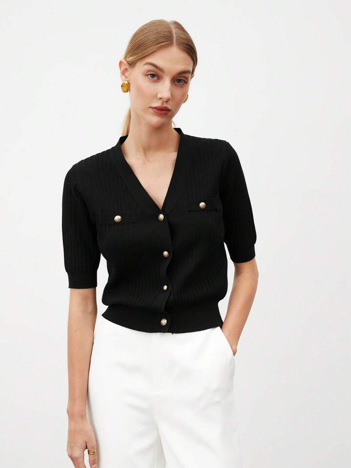 CM-TS542105 Women Casual Seoul Style V-Neck Short Sleeve Button Front Knit Blouse - Black