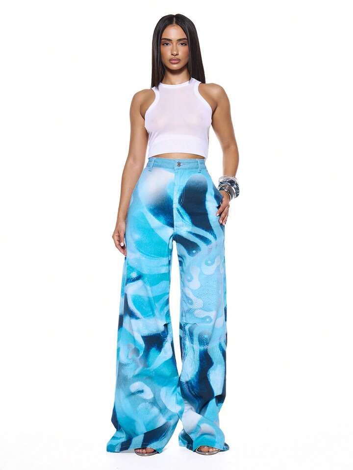 CM-BS267447 Women Casual Seoul Style Low Waist Graphic Print Baggy Loose Fit Wide Leg Jeans - Blue