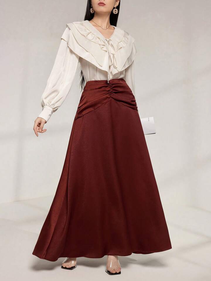 CM-TS880823 Women Elegant Seoul Style Flounce Collar Ruffle Trim Tied Chiffon Blouse - Apricot
