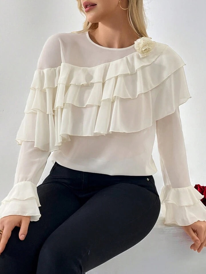 CM-TS684985 Women Elegant Seoul Style 3D Floral Decorated Ruffle Trim Blouse - Apricot