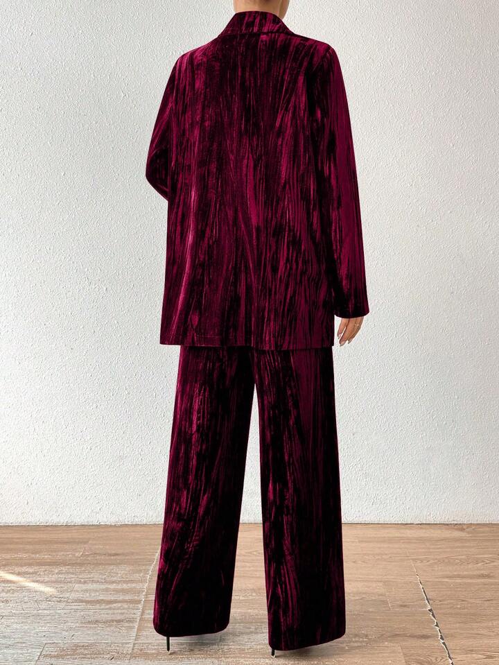 CM-SS022111 Women Elegant Seoul Style Stand Collar Long Sleeve Velvet Jacket With Straight Leg Pants Suit - Burgundy