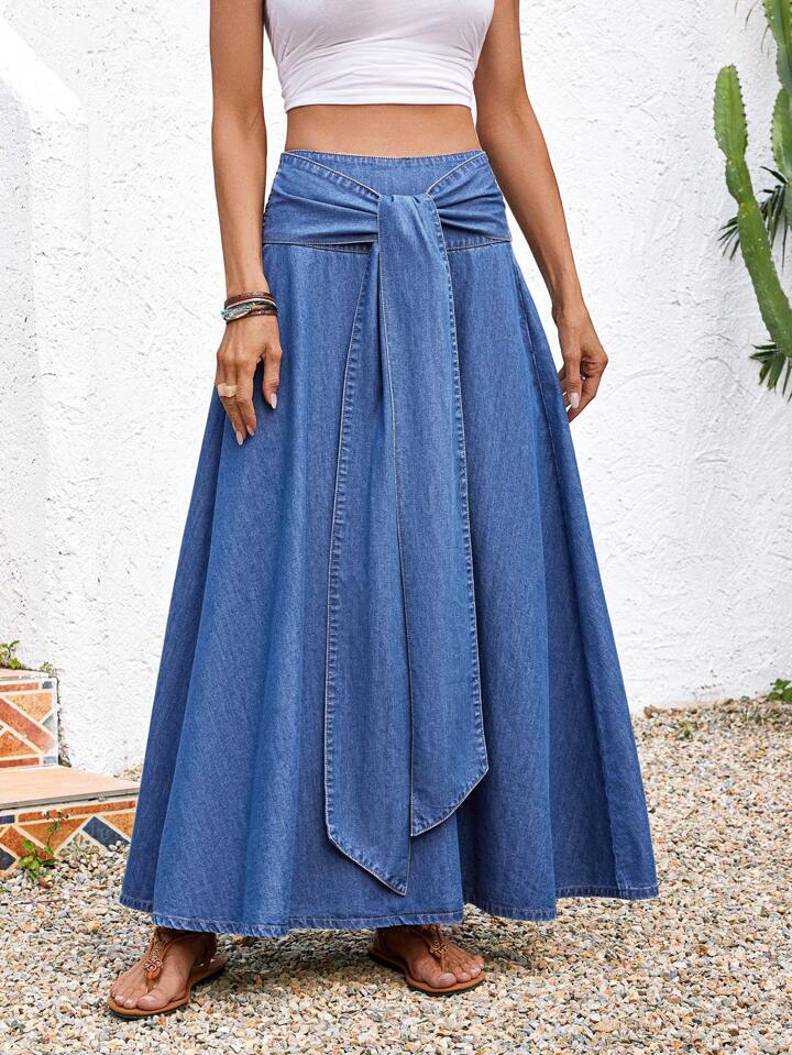 CM-BS618740 Women Trendy Bohemian Style Medium Wash High Waist Knot Maxi Denim Skirt