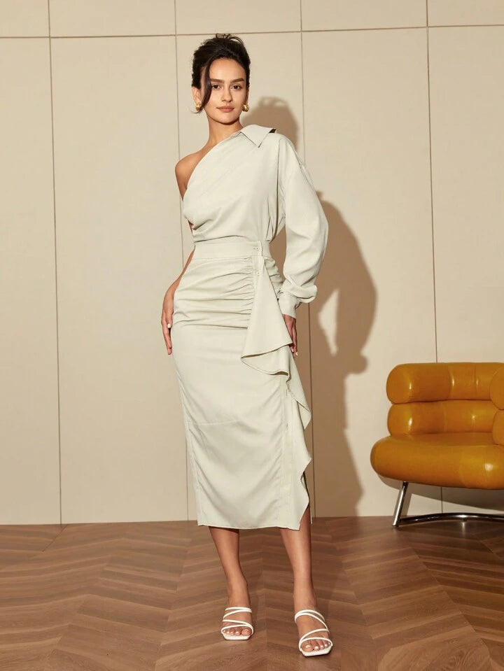 CM-TS863640 Women Elegant Seoul Style Asymmetrical Neck One Shoulder Pleated Blouse