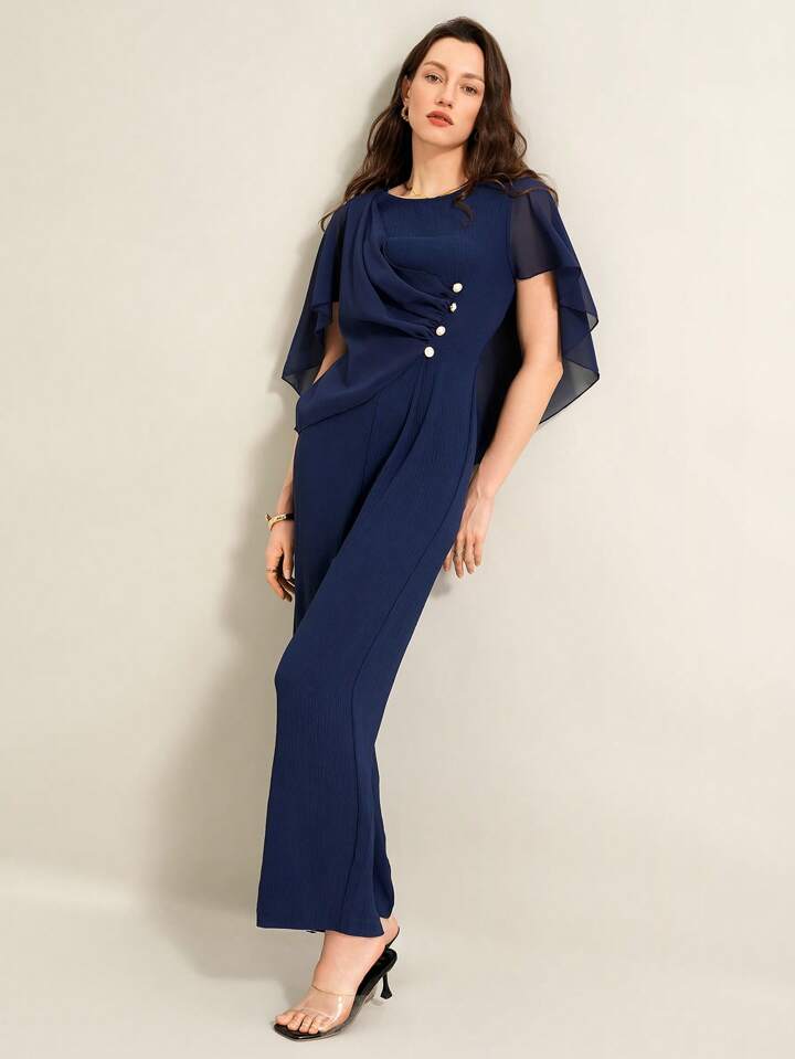 CM-JS259882 Women Elegant Seoul Style Round Neck Cloak Sleeve Chiffon Jumpsuit - Navy Blue