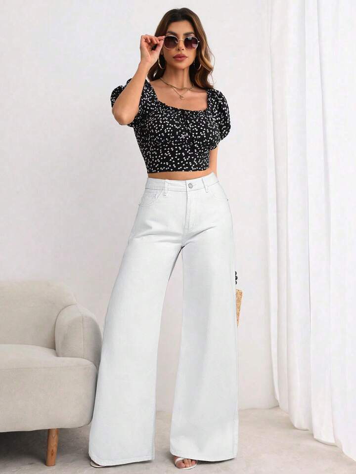 CM-BS099389 Women Elegant Seoul Style Button Front Pocket Loose Wide Leg Jeans - White