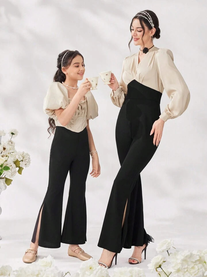 CM-JS636093 Women Elegant Seoul Style Patchwork V-Neck Long Sleeve High Slit Bell-Bottom Jumpsuit