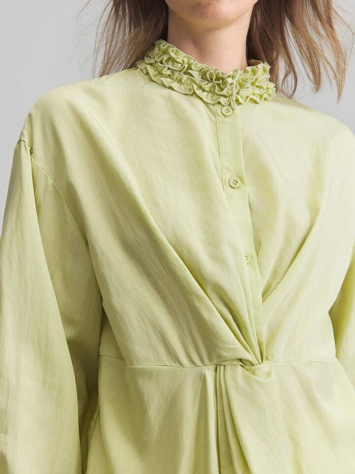 CM-TS540434 Women Elegant Seoul Style Stand Collar Drop Shoulder Long Sleeve Asymmetrical Shirt - Green