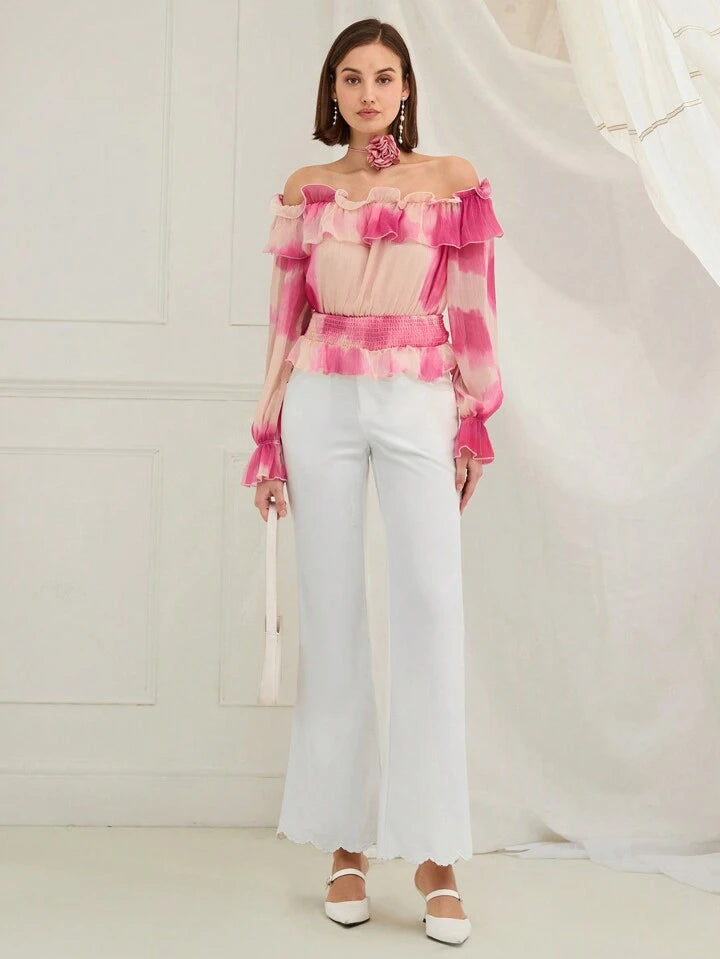 CM-BS067926 Women Casual Seoul Style Belt Loop Embroidery High Waist Flare Leg Pants - White