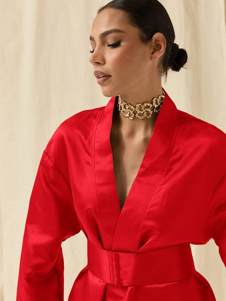 CM-DS752680 Women Elegant Seoul Style Solid Color Deep V-Neck Bell Sleeve Mini Dress - Red