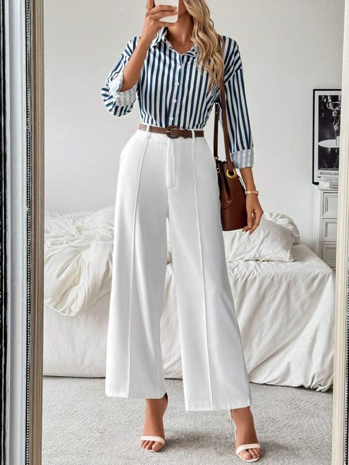 CM-SS215066 Women Casual Seoul Style Striped Collar Neckline Long Sleeve Shirt With Straight-Leg Pants - Set