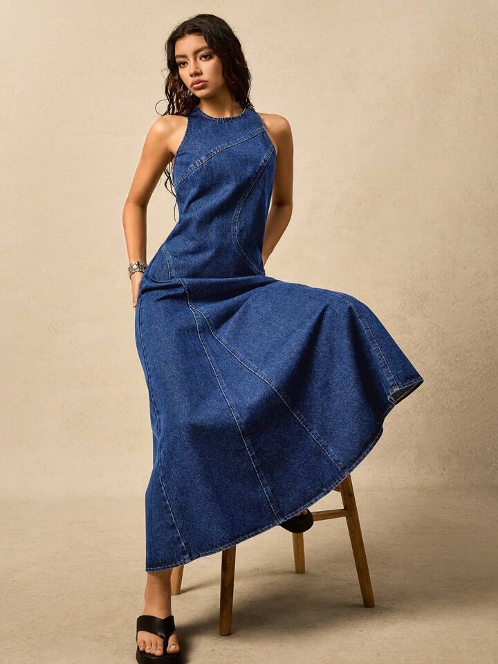CM-DS674256 Women Casual Seoul Style Round Neck Sleeveless Mid Waist Split Loose Denim Dress - Blue