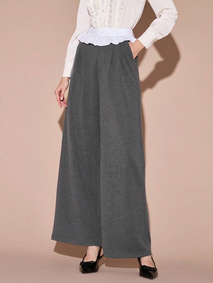 CM-BS769739 Women Casual Seoul Style Contrast Color High Waist Ruffle Hem Wide Leg Pants - Gray