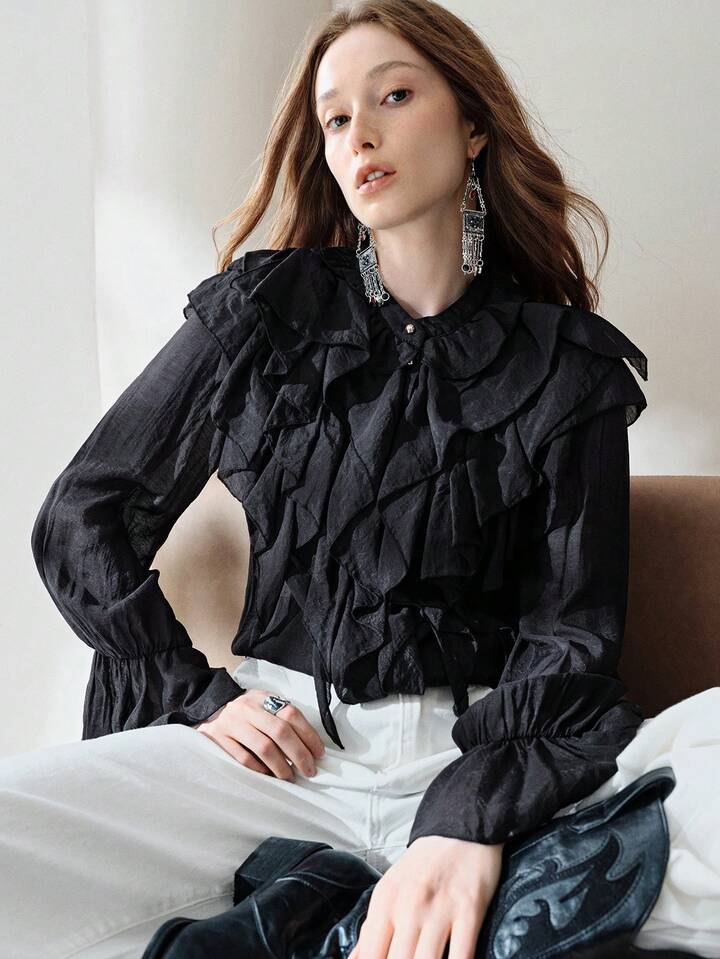 CM-TS054615 Women Elegant Seoul Style Multi-Layer Ruffle Trim Chiffon Flowy Asymmetrical Flounce Sleeve Blouse - Black