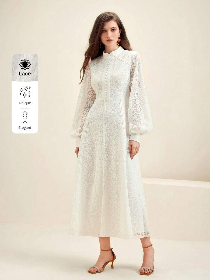 CM-DS287289 Women Elegant Seoul Style Lace Mandarin Collar Long Sleeve A-Line Dress - White