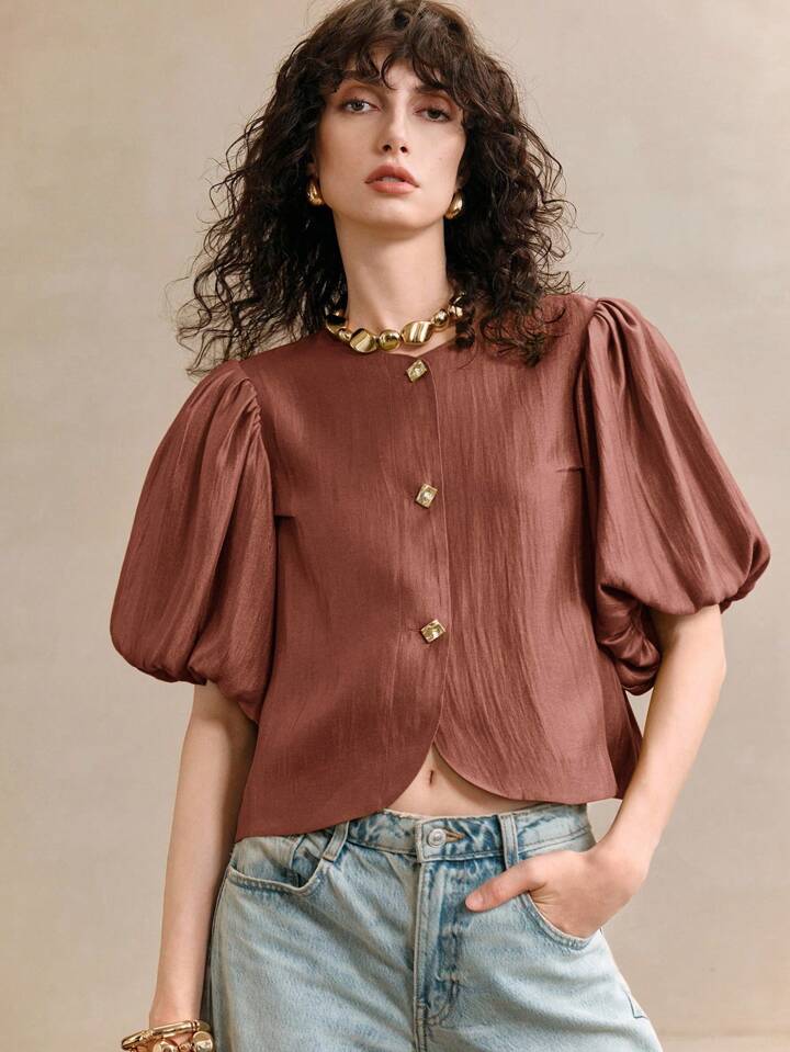 CM-TS081754 Women Elegant Seoul Style Satin Round Neck Puff Sleeve Golden Metal Button Decor Blouse - Maroon