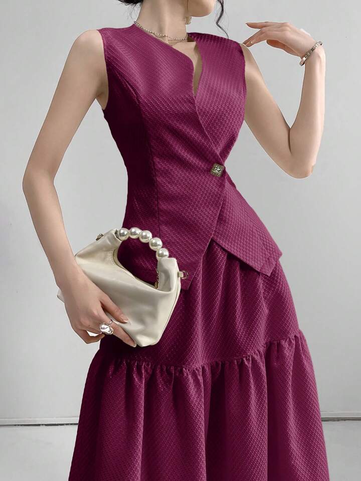 CM-SS565470 Women Elegant Seoul Style Solid Button Front Vest Jacket With Ruffle Hem Skirt - Set