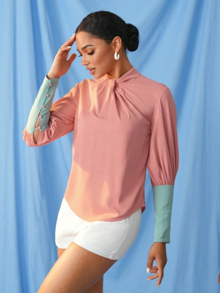 CM-TS991358 Women Elegant Seoul Style Long Sleeve Loose Fit Twisted Front Knot Shirt