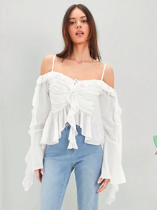 CM-TS063968 Women Trendy Bohemian Style Off-Shoulder Ruffle Hemline Pleats Shirts - White