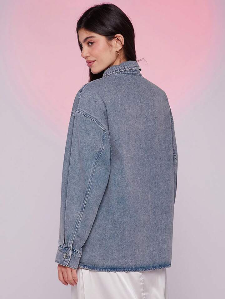 CM-CS487800 Women Casual Seoul Style Medium Wash Collar Neckline Long Sleeve Eyelet Trim Heart Pocket Denim Shirt Jacket