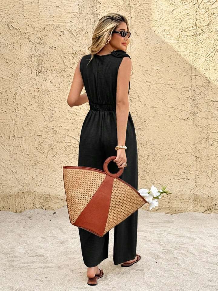 CM-JS647265 Women Trendy Bohemian Style Linen 3D Floral Decor V-Neck Sleeveless Wide Leg Jumpsuit - Black