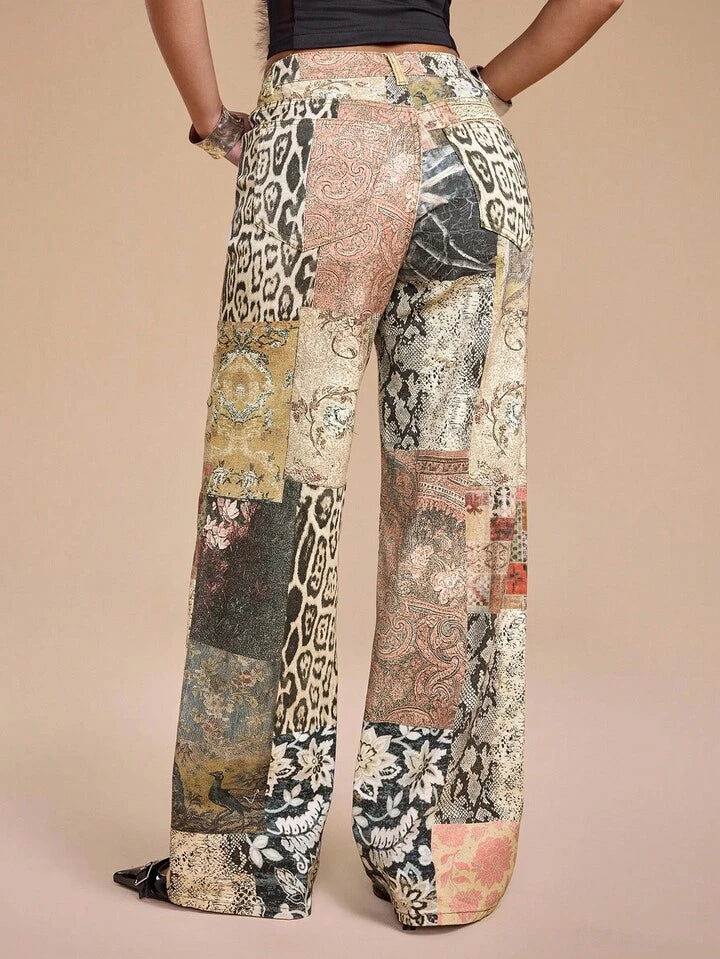 CM-BS879937 Women Casual Seoul Style Hippie Pattern Slim Straight Leg Ultra Low Waist Jeans