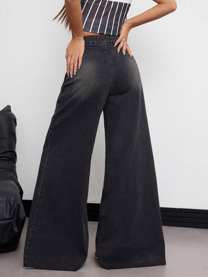 CM-BS765001 Women Elegant Seoul Style High Waist Loose Fit Pockets Wide Leg Jeans - Black