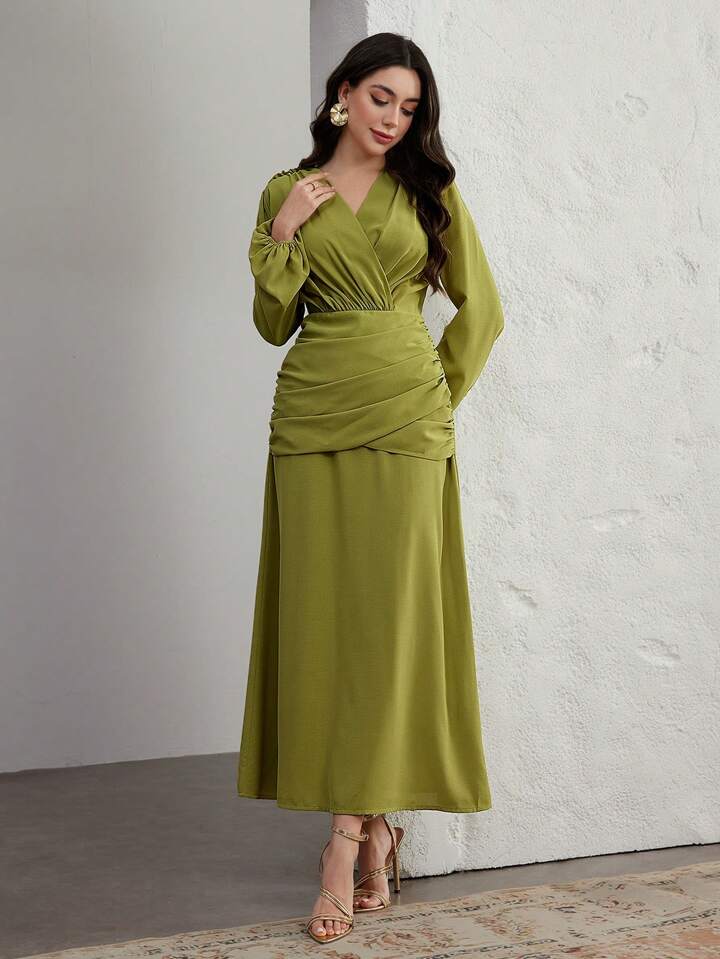 CM-DS969151 Women Elegant Seoul Style V-Neck Bishop Sleeve Cinched Waist A-Line Maxi Dress - Green
