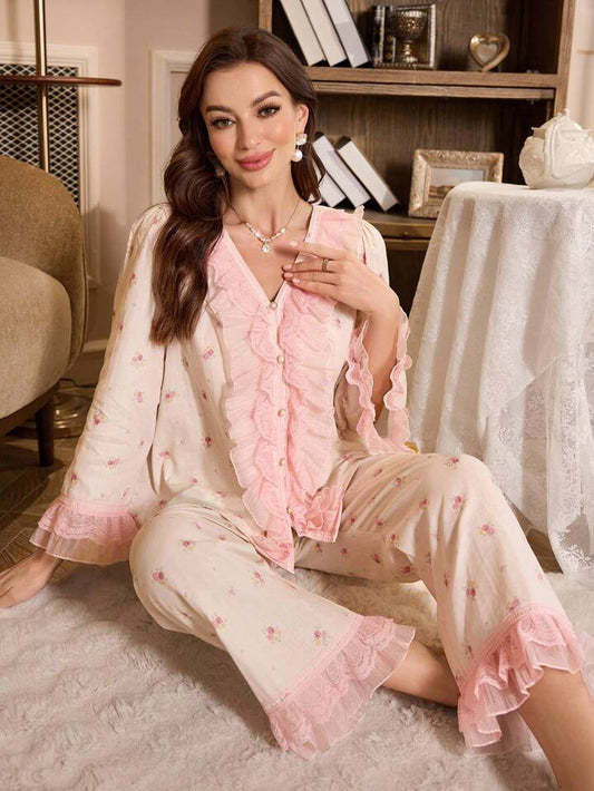 CM-LS414420 Women Trendy Seoul Style Contrast Color Lace Front Button Floral Pajama Set
