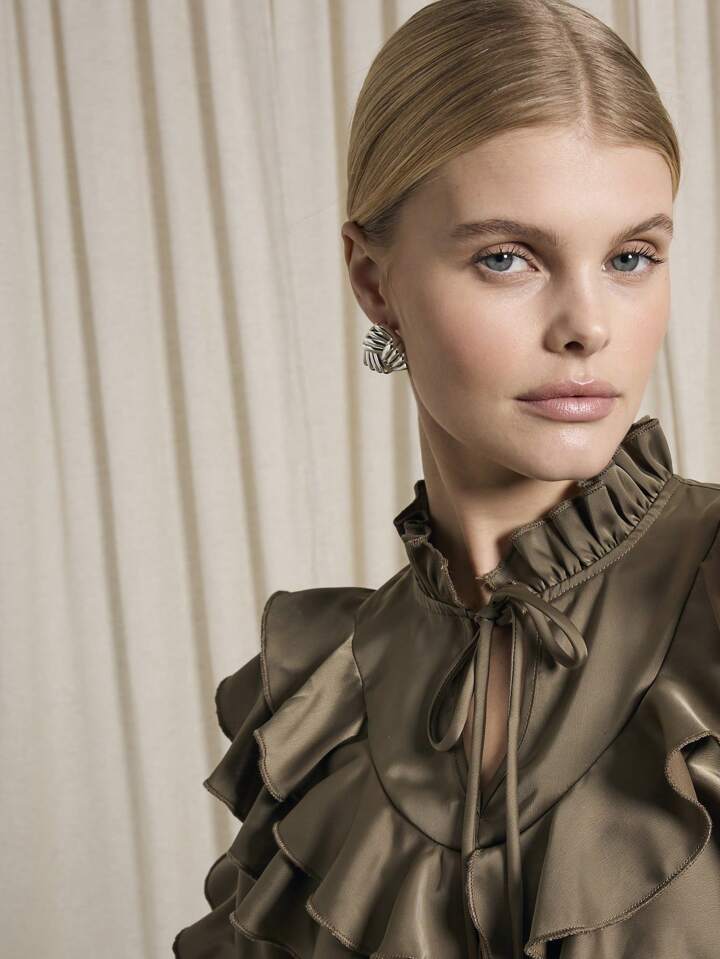 CM-TS920507 Women Elegant Seoul Style Keyhole Neckline Flounce Sleeve Satin Ruffle Blouse - Army Green